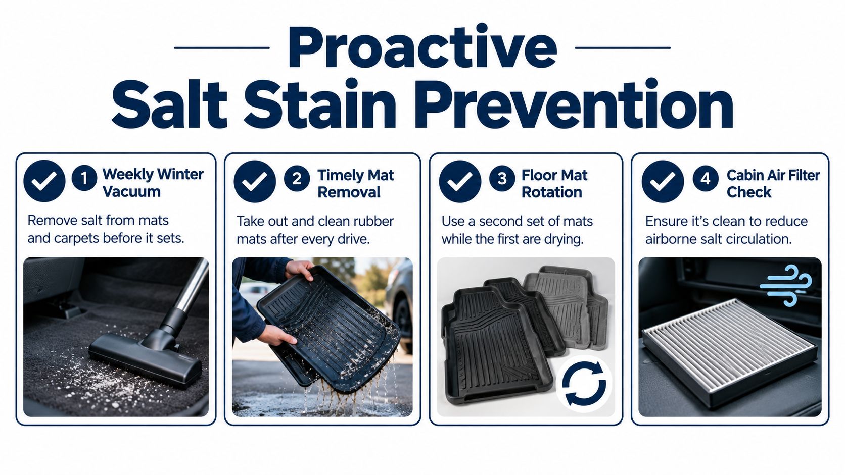 An infographic showing four steps for proactive salt stain prevention in vehicle interiors during winter months.