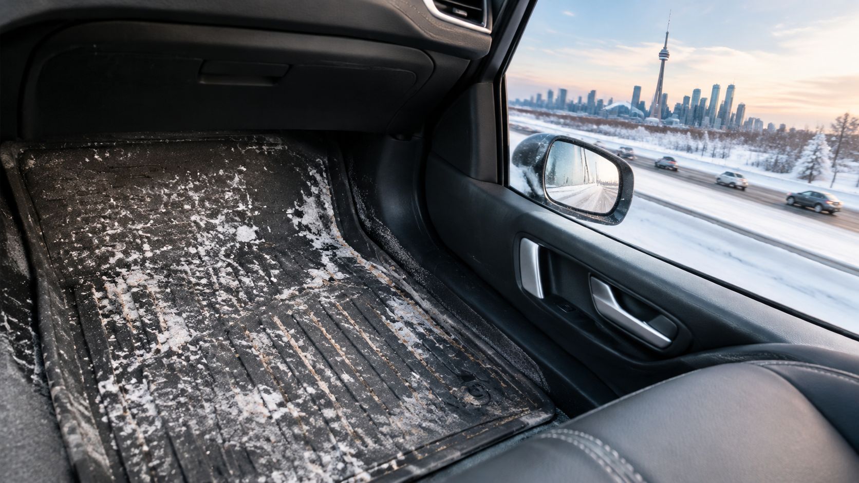 A car floor mat covered in white salt stains from winter driving with the Toronto skyline outside.