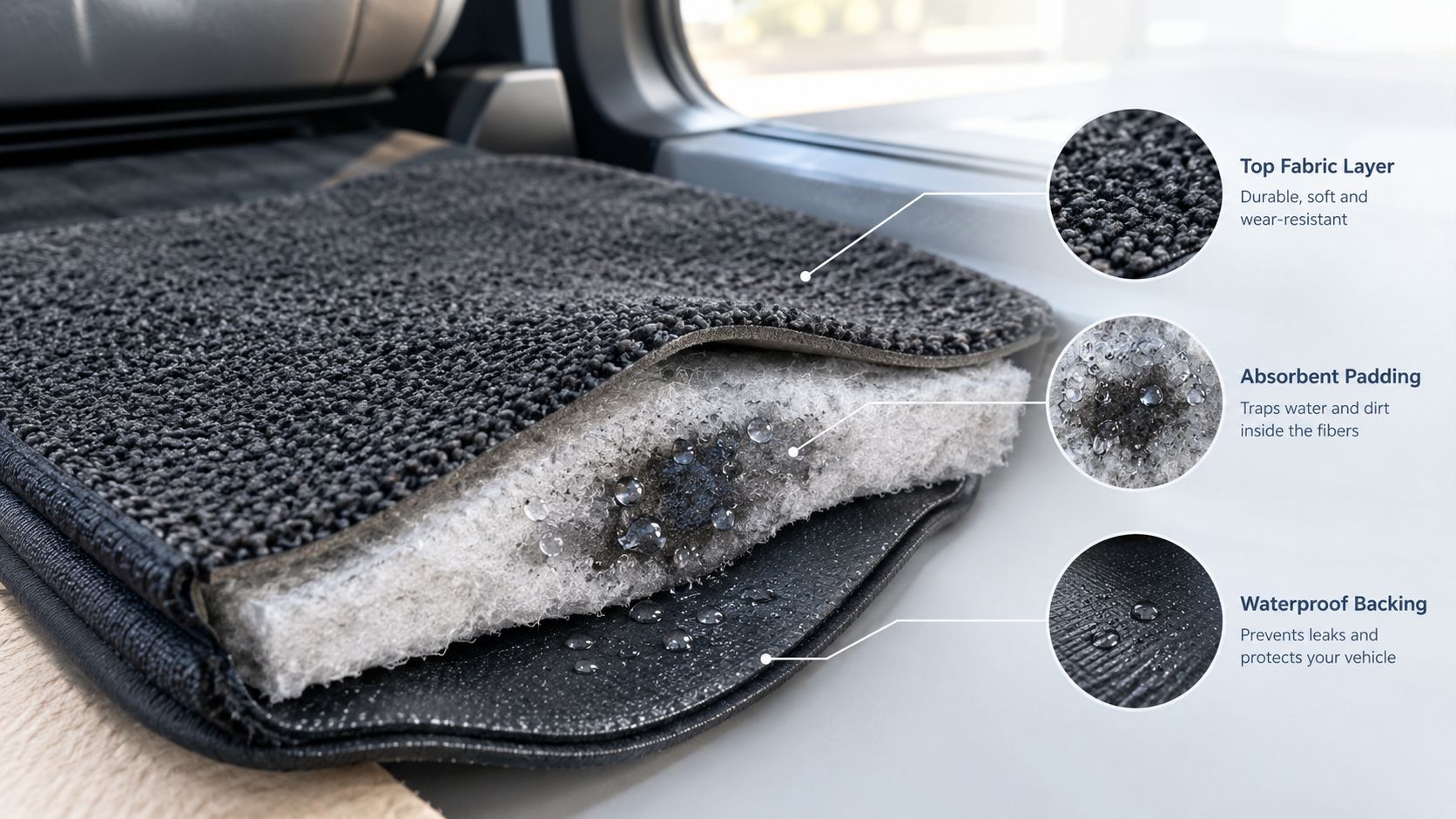 A cross-section view showing the three layers of a waterproof automotive floor mat for cars.