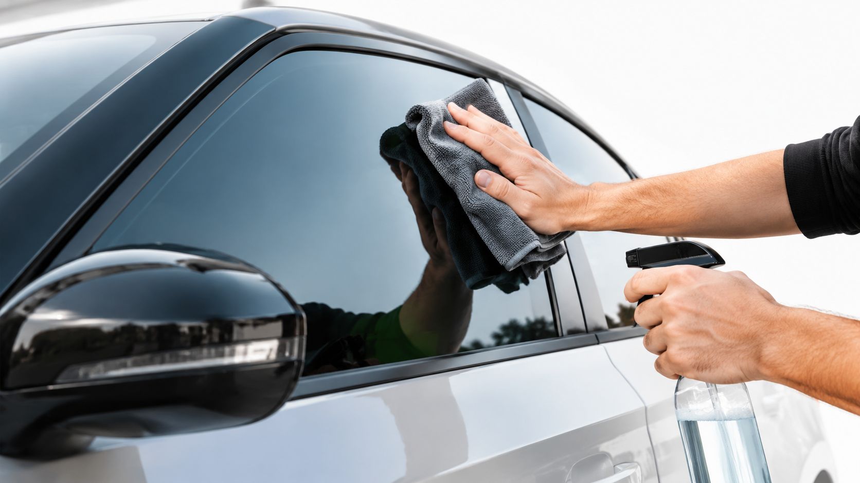A professional car detailer wipes the window of a silver vehicle with a grey microfiber cloth.