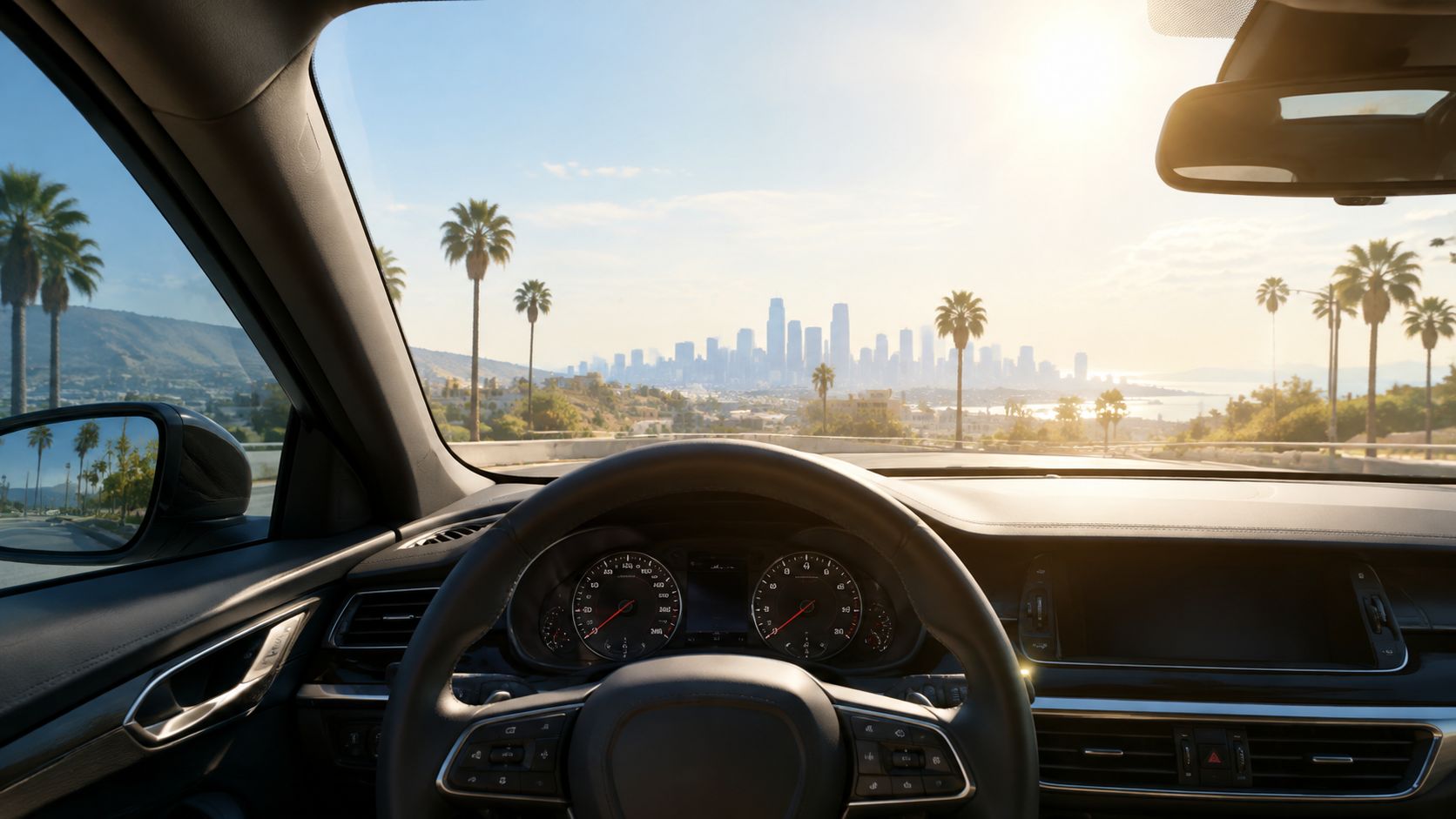 A view from inside a car looking toward a sunny city skyline with palm trees along road.