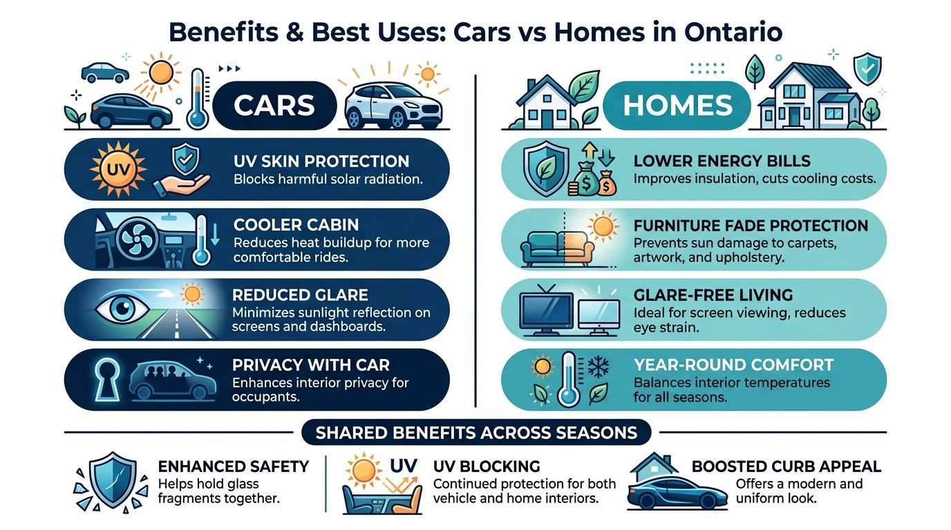 An infographic comparing the benefits of window tinting for cars and homes in Ontario across various categories.