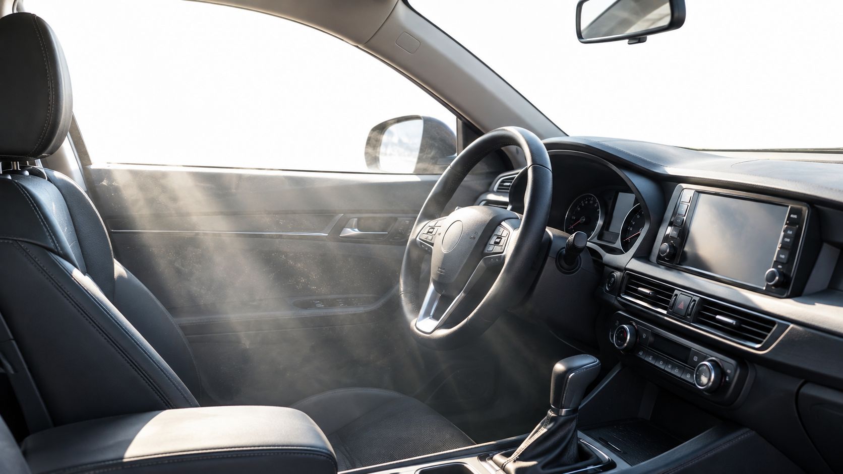Sunlight streaming through a car window onto the leather interior and dashboard of a modern vehicle.
