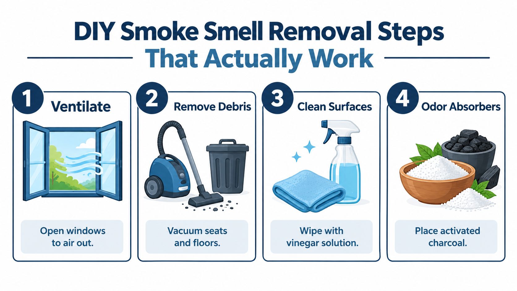 An instructional graphic outlining four effective DIY steps for removing smoke smells from a vehicle.