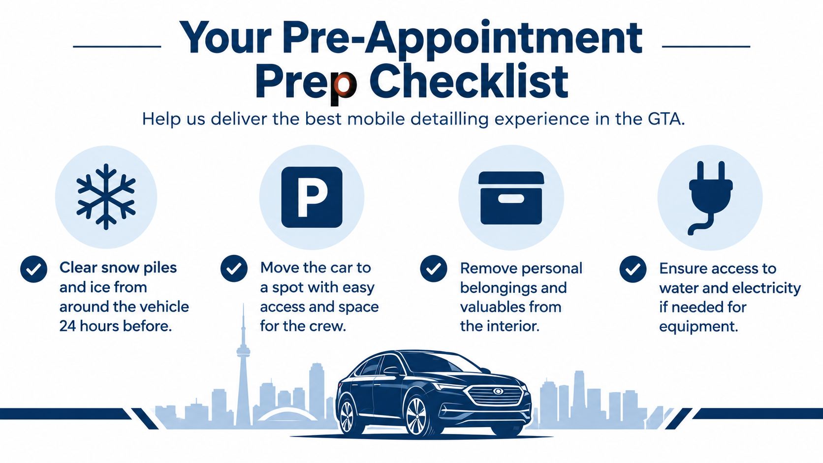 A checklist infographic for mobile car detailing appointments in Toronto showing four preparation steps for customers.