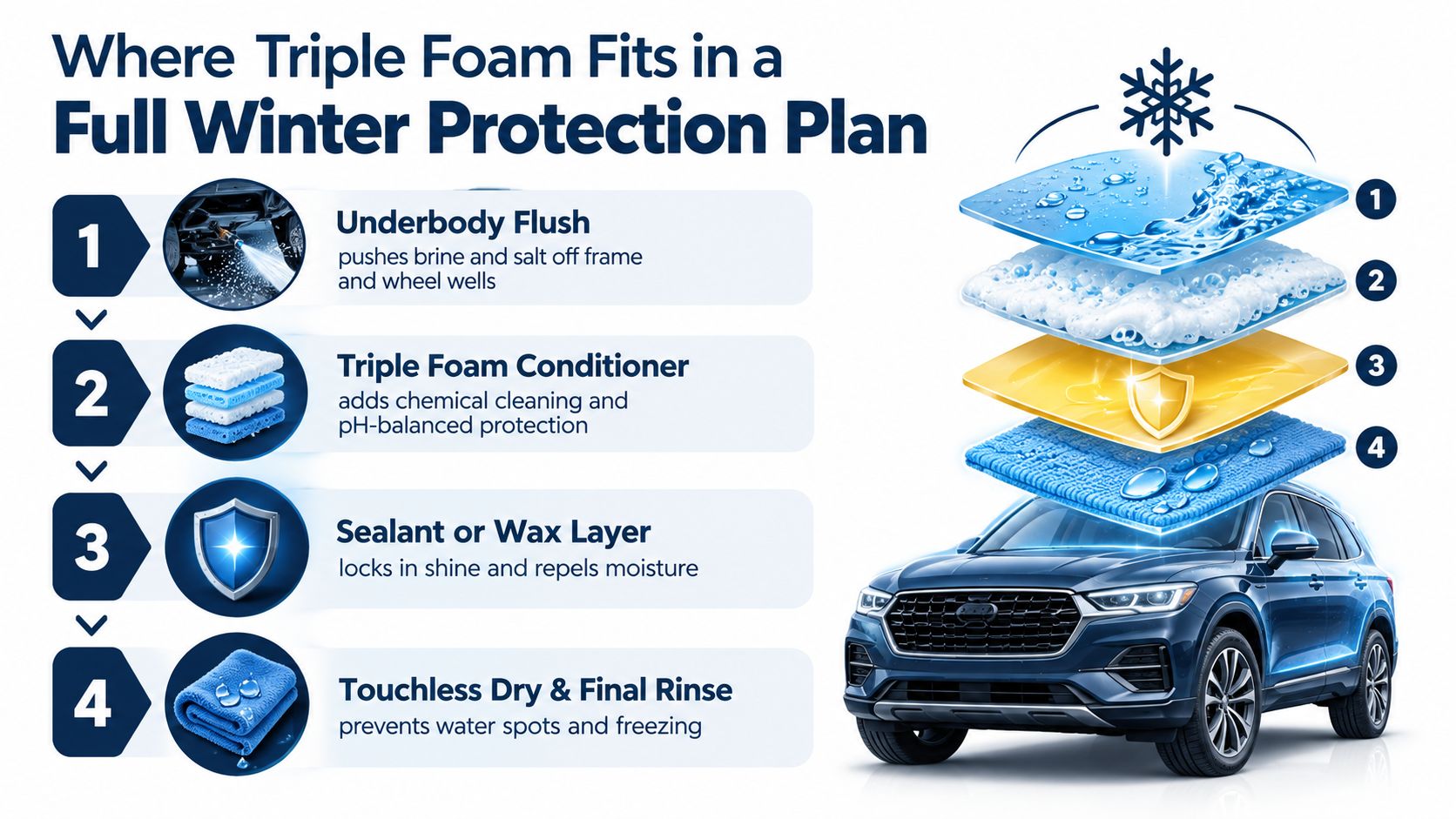 A car wash protection plan infographic showing four steps for winter vehicle maintenance including foam and wax.