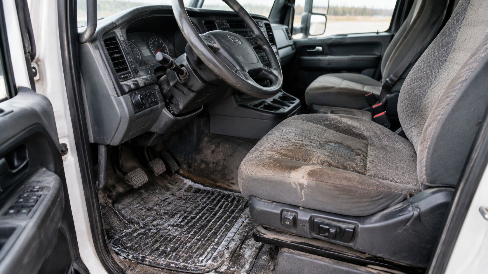 A dirty and worn interior cabin of a commercial truck with mud on the floor mats.