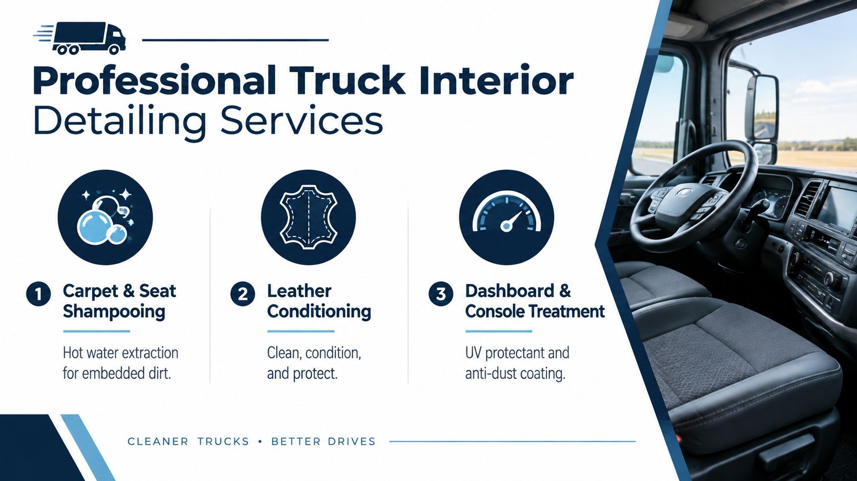 A professional truck interior detailing services graphic showcasing three cleaning processes for a cleaner vehicle experience.