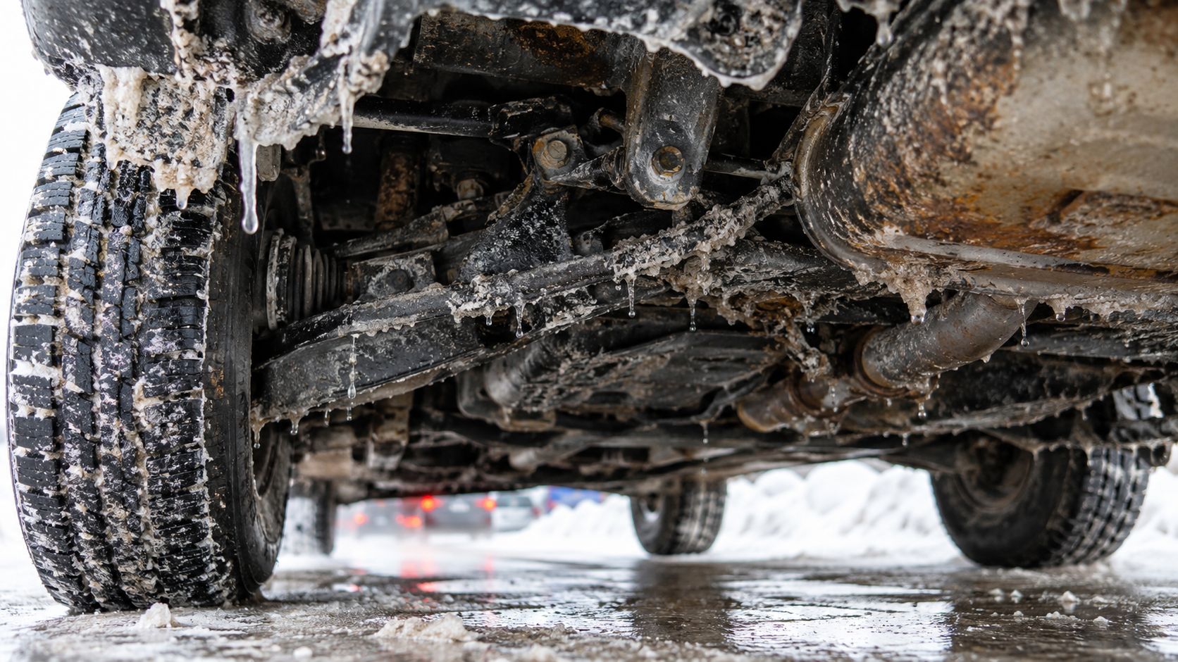 A close-up view of a car underbody showing icy, slushy components and visible rust on vehicle parts.