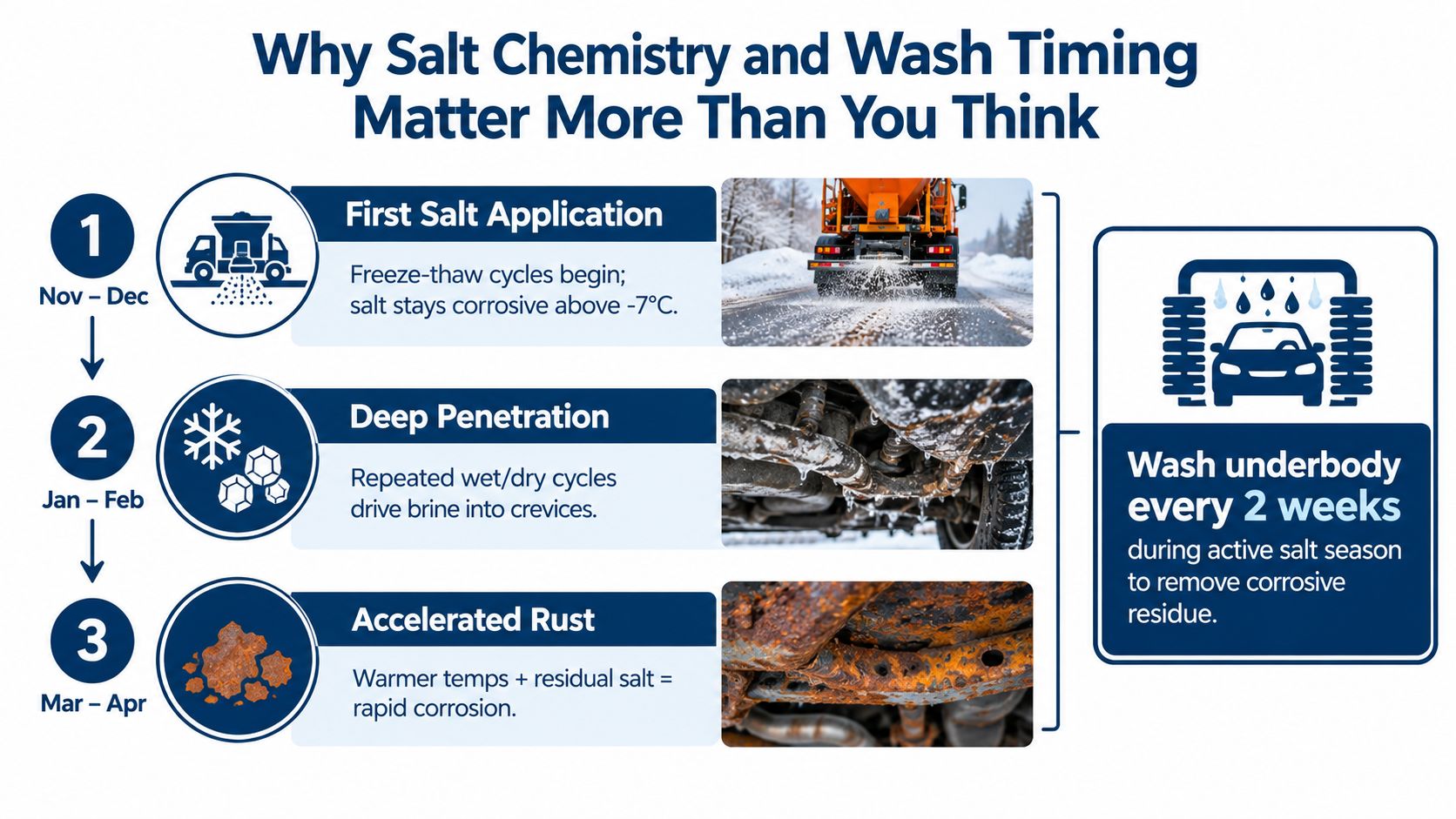An infographic showing a three-step process for winter car rust prevention, emphasizing regular underbody car washes.