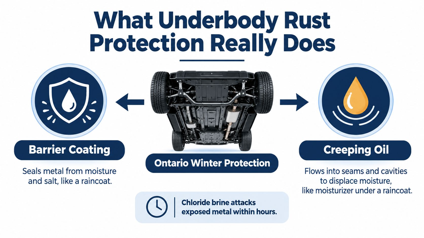 An infographic illustrating how underbody rust protection uses barrier coatings and creeping oil to prevent vehicle corrosion.