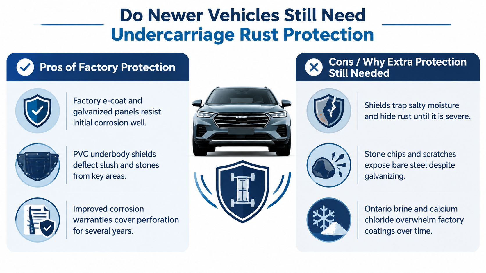 An infographic comparing the pros of factory car protection against the cons that necessitate extra rust treatments.
