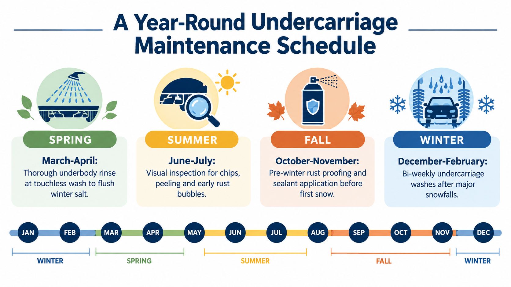 An infographic detailing a year-round car undercarriage maintenance schedule with specific tasks for spring, summer, fall, and winter.