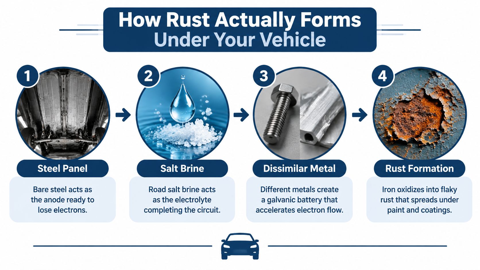 An infographic showing the four-step process of how rust forms under a vehicle due to steel and salt.