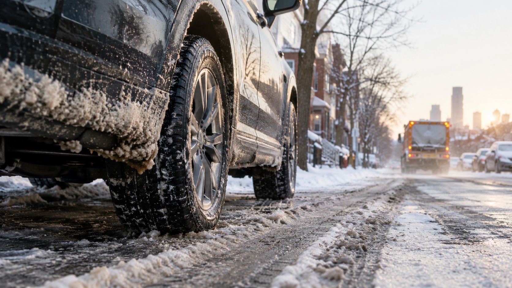A close-up view of a car tire and undercarriage covered in slush and road salt in winter.