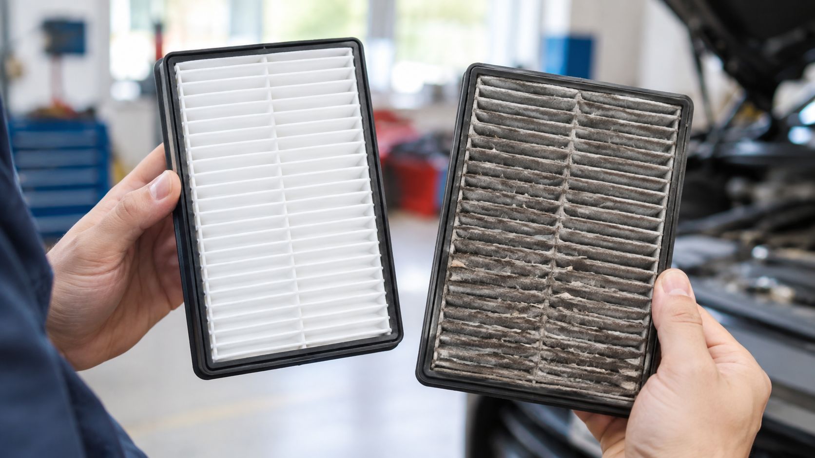 A mechanic comparing a clean, new car engine air filter with a dirty, used air filter.