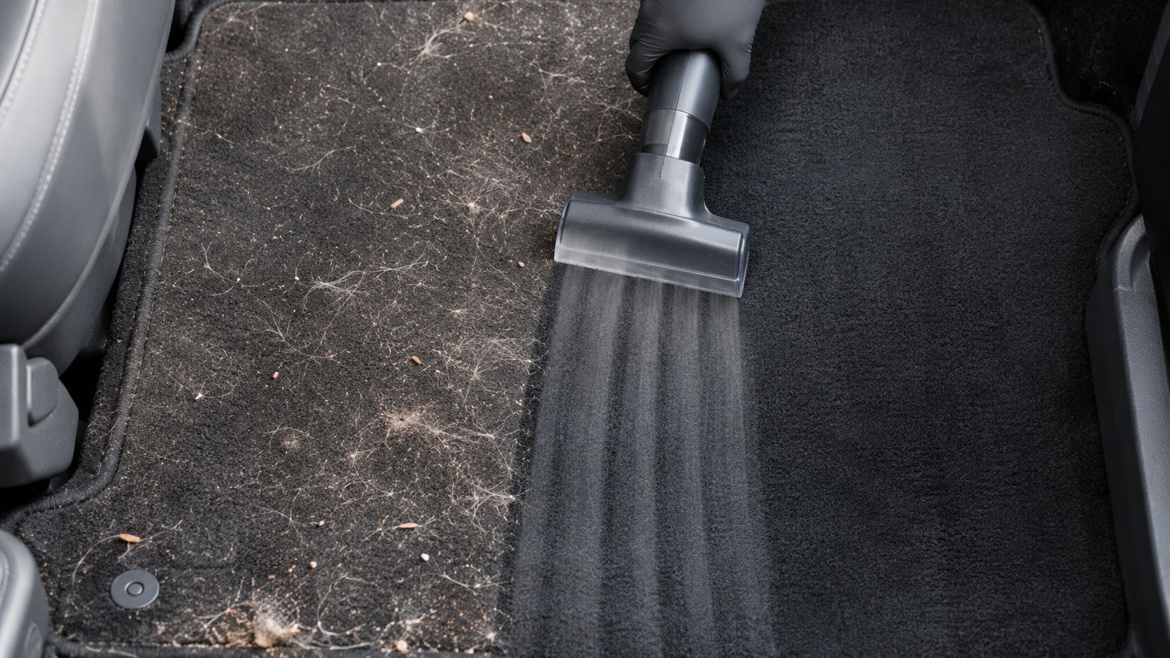 A gloved hand uses a vacuum nozzle to clean pet hair and debris from a car mat.