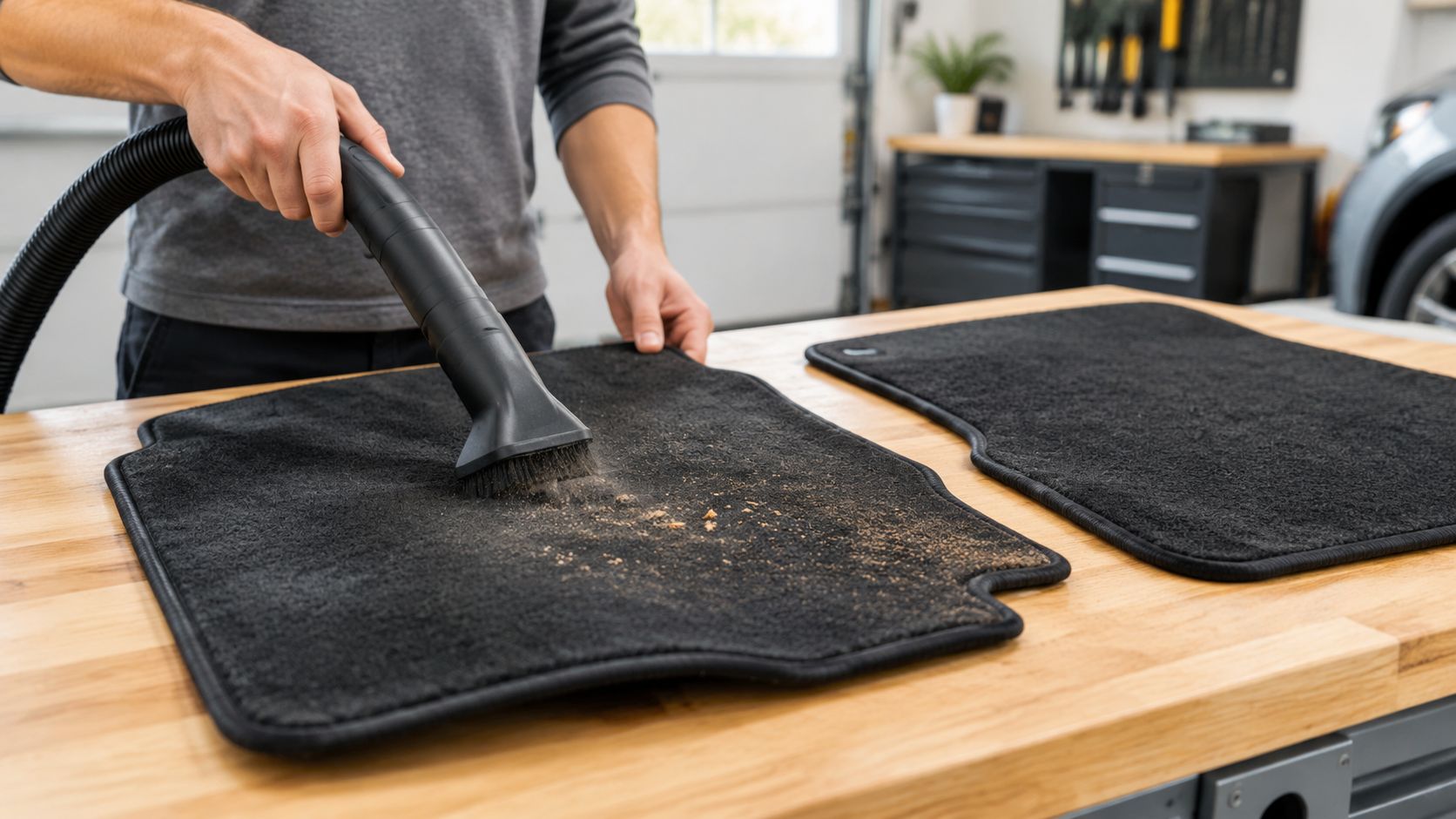 A person using a vacuum cleaner attachment to clean dust and dirt from black car floor mats.