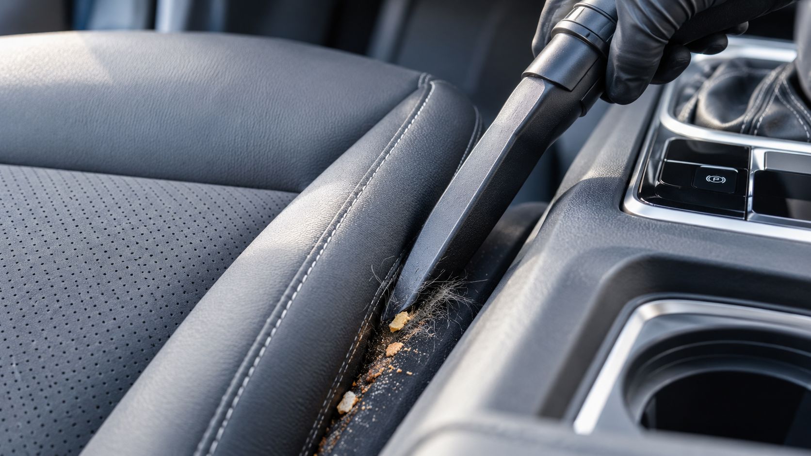 A person in black gloves using a vacuum cleaner attachment to clean crumbs from a car seat