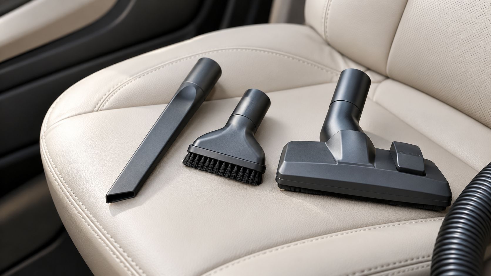 A set of three black vacuum cleaner attachments resting on a light beige leather car seat.