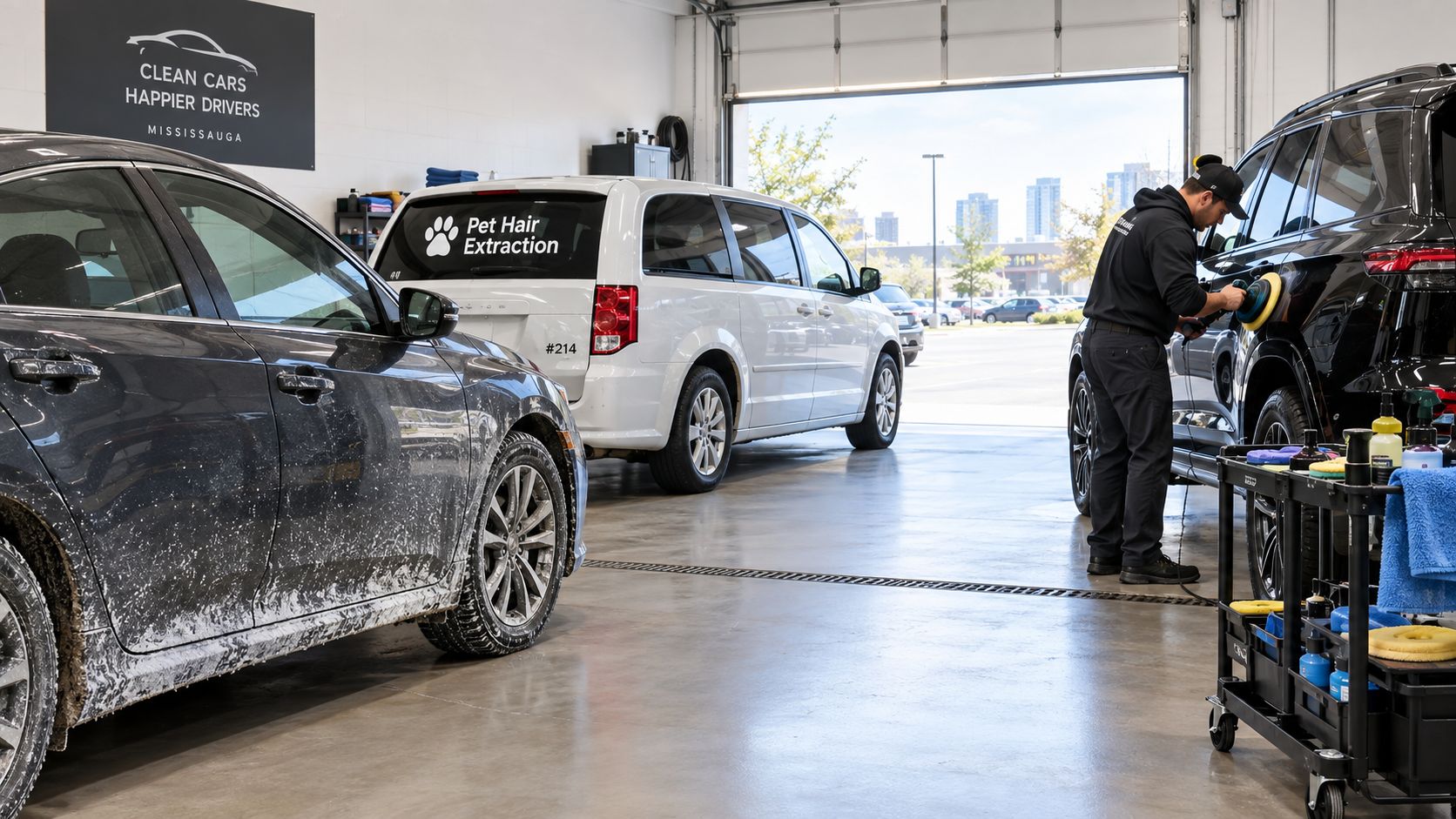A professional technician polishes a black vehicle in a clean automotive detailing shop in Mississauga.