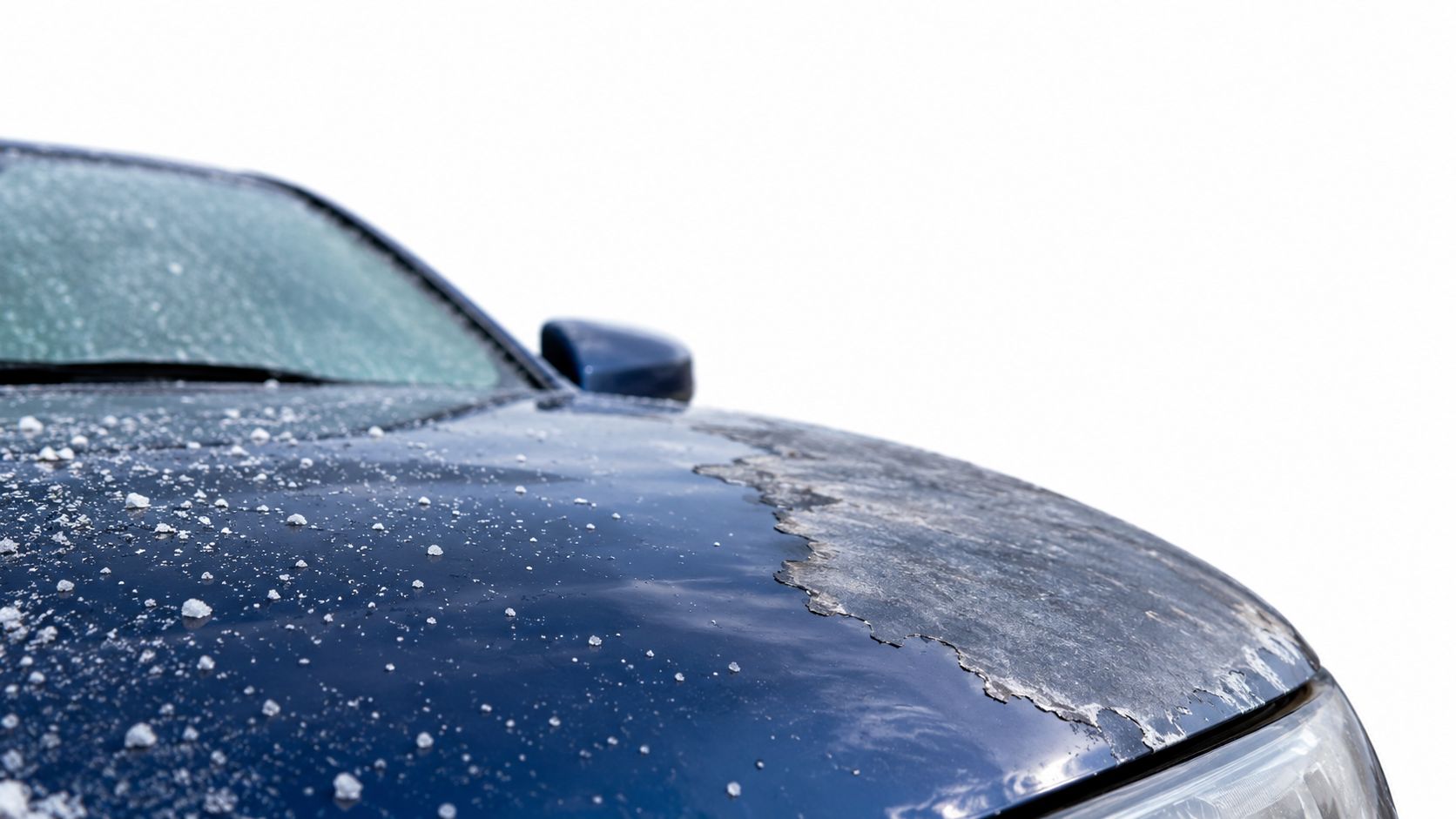 A close-up view of a dark blue car hood with severe clear coat peeling and frost damage.
