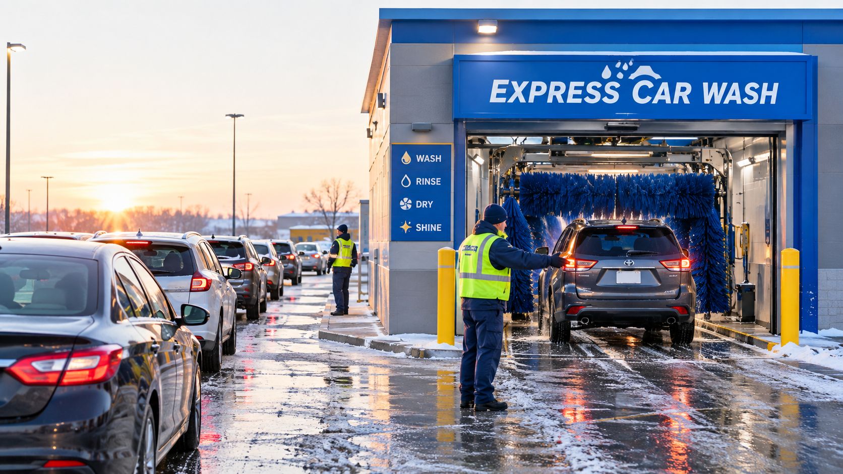 An employee wearing a high-visibility vest directs a car into an express car wash station during winter.