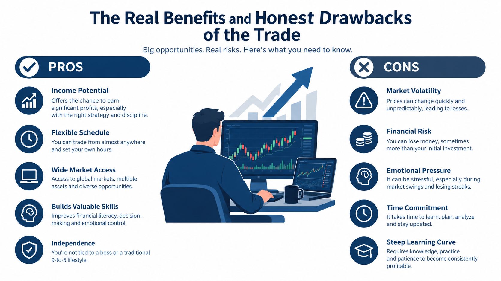 An infographic titled The Real Benefits and Honest Drawbacks of the Trade comparing pros and cons of trading.