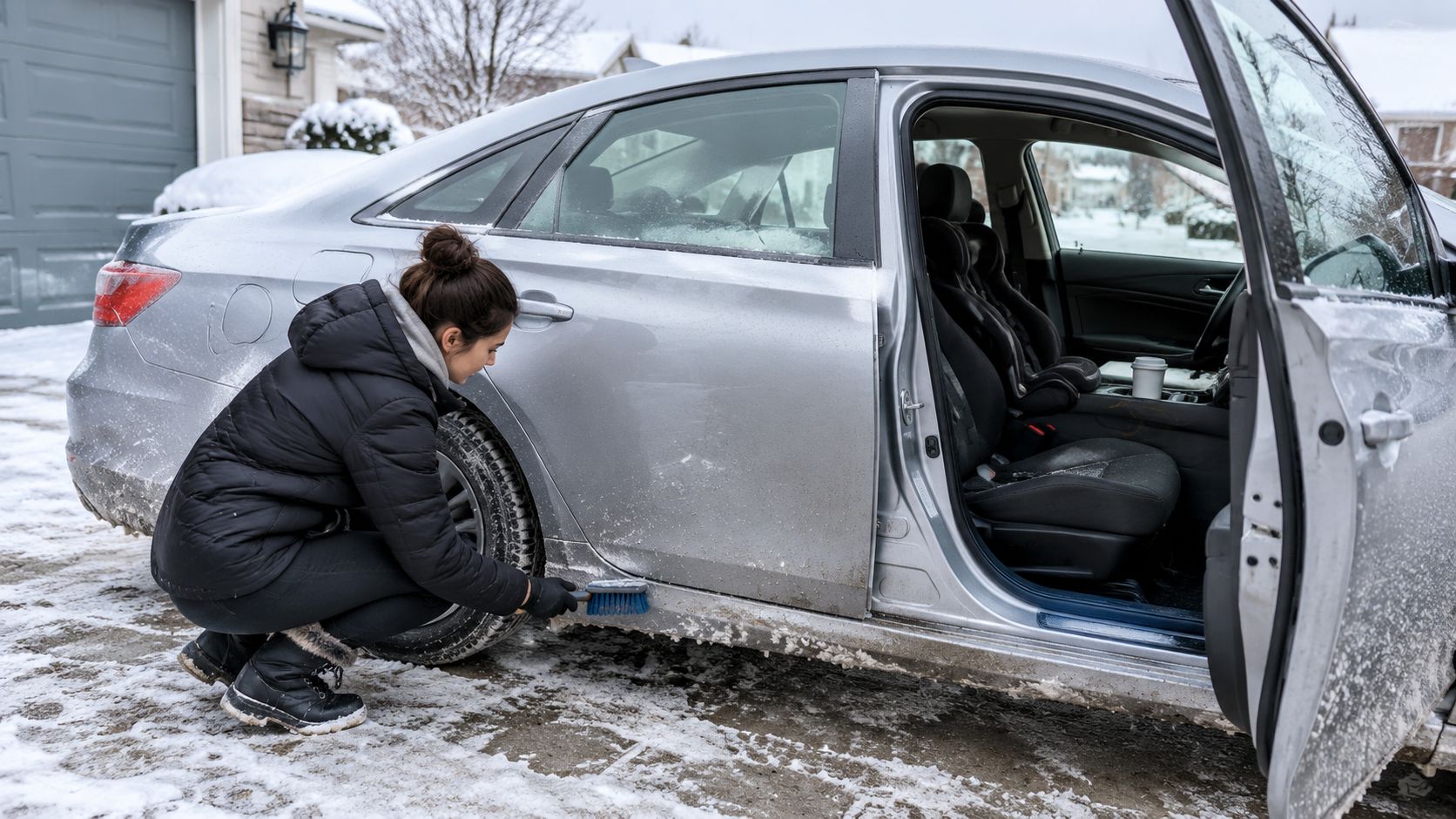 A woman cleaning the snowy lower exterior of a silver car with a blue scrub brush outdoors.