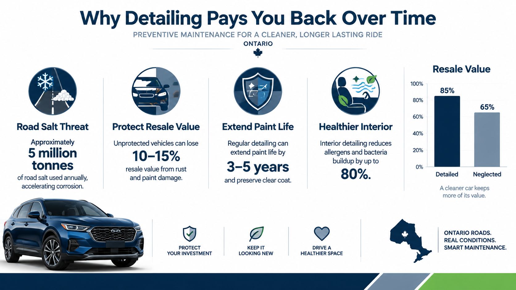 An infographic illustrating how regular auto detailing maintains vehicle value, extends paint life, and improves interior health.