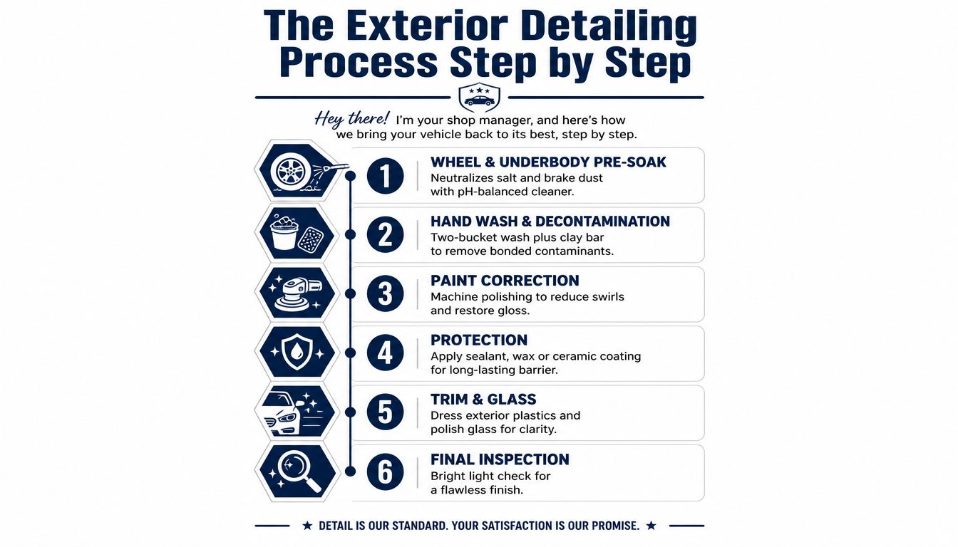 A step-by-step infographic titled The Exterior Detailing Process explaining the six stages of professional car care.