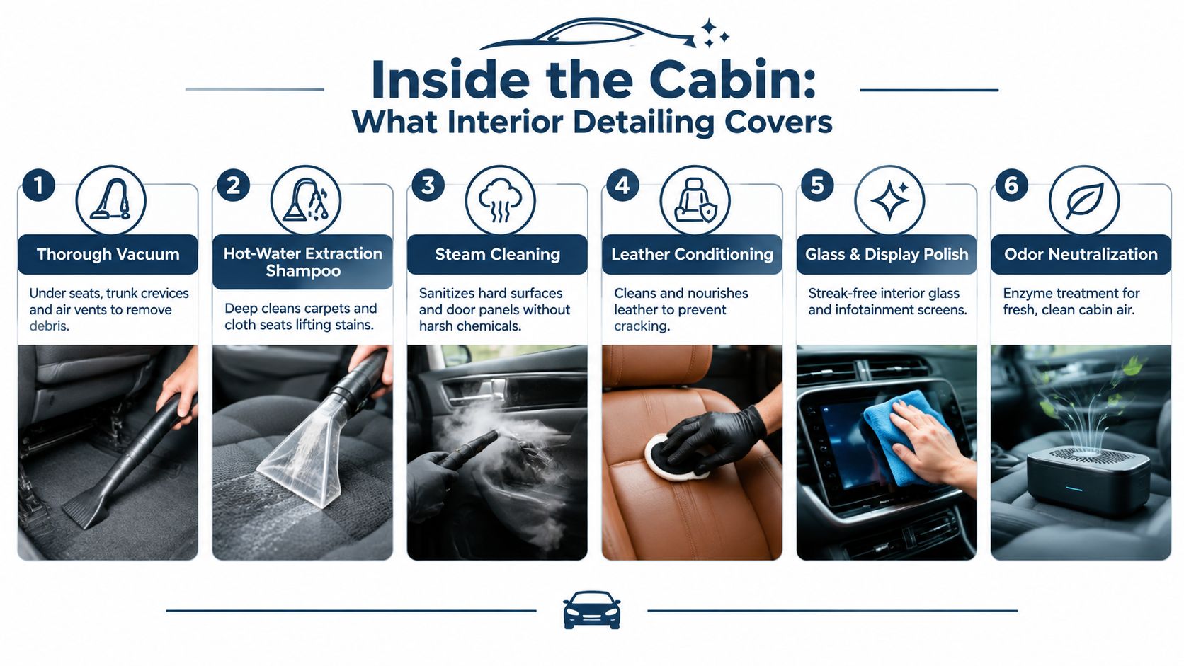 A six-step infographic illustrating the professional interior car detailing process, from vacuuming to final odor neutralization.