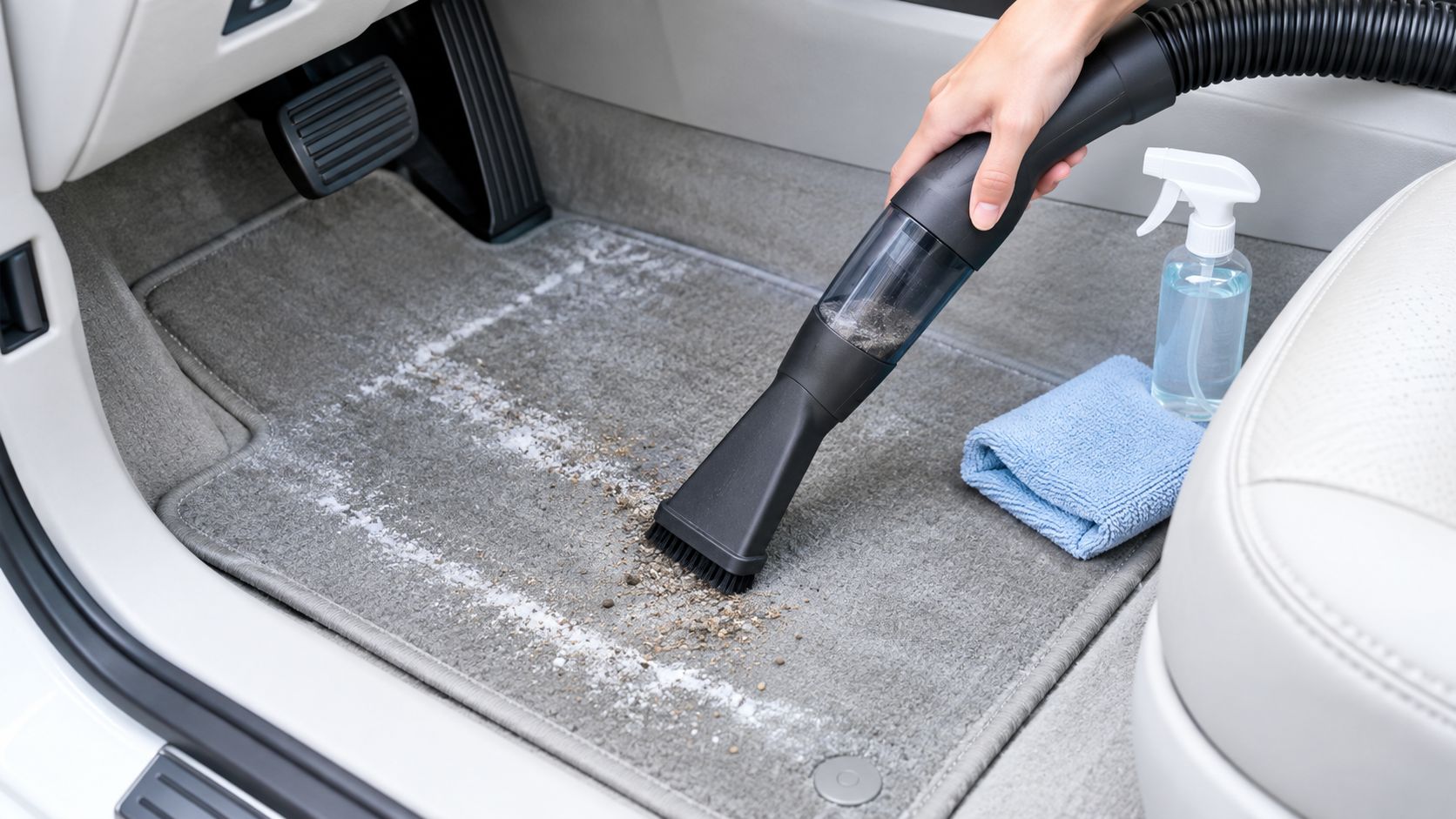 A person using a car vacuum cleaner to remove salt and debris from a floor mat.