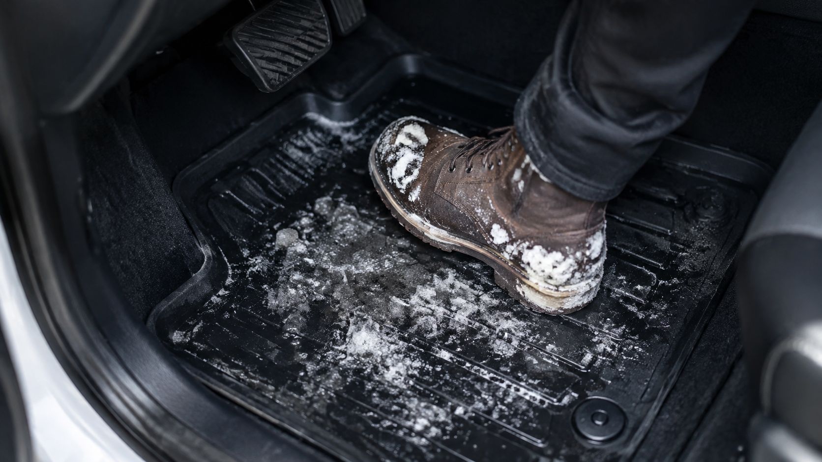 A person wearing a snow-covered leather boot steps onto a black rubber floor mat inside a car.
