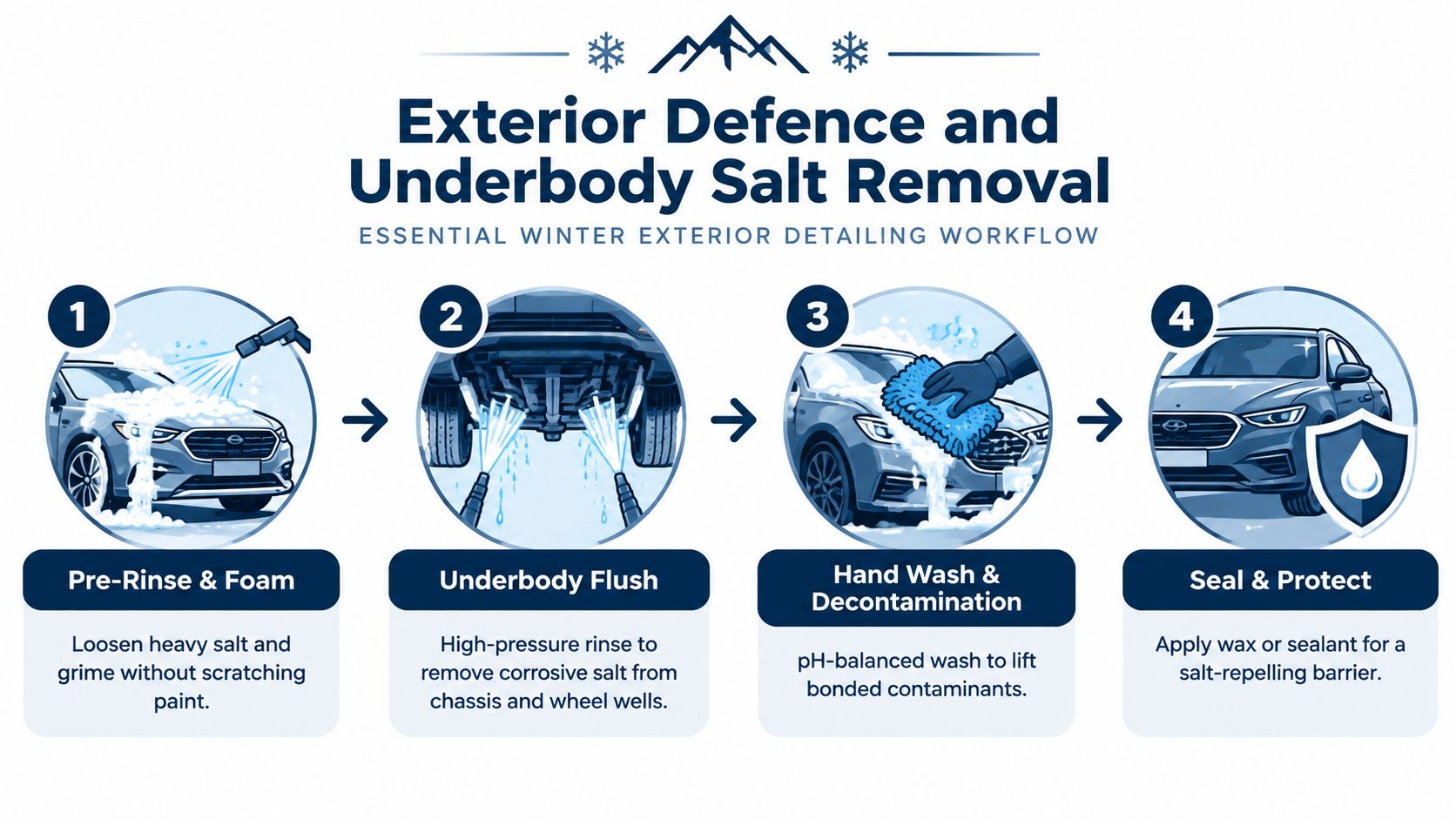 A step-by-step infographic showing the essential winter car exterior detailing workflow for removing salt and grime.
