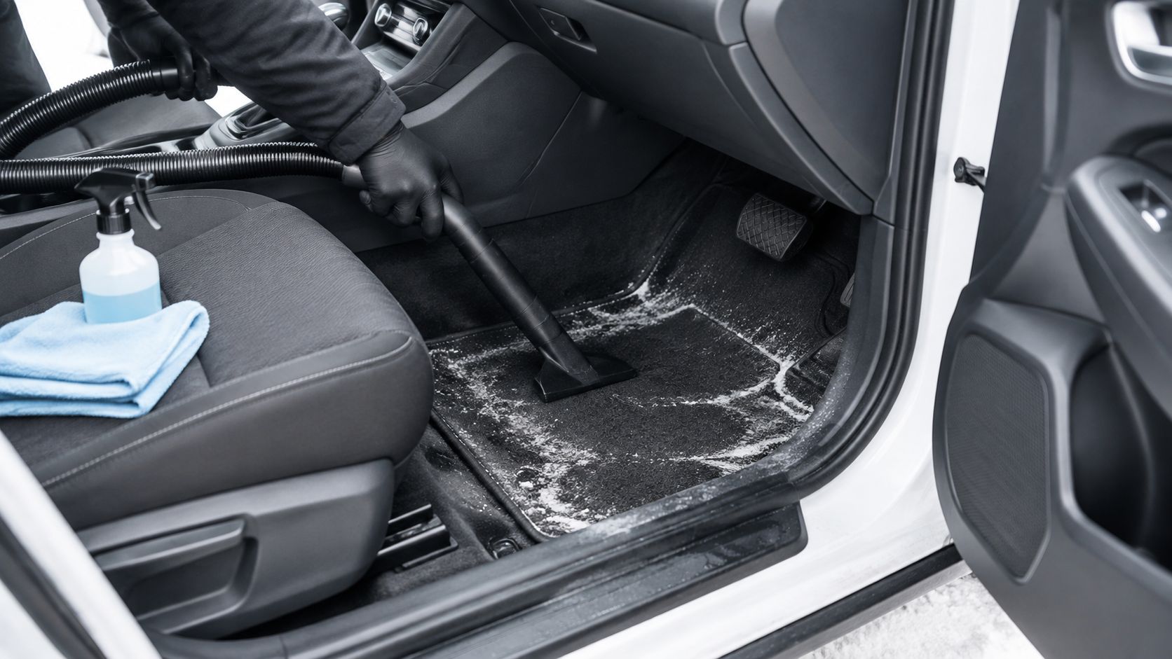 A professional car detailer wearing black gloves vacuums the interior floor mat of a car during winter.
