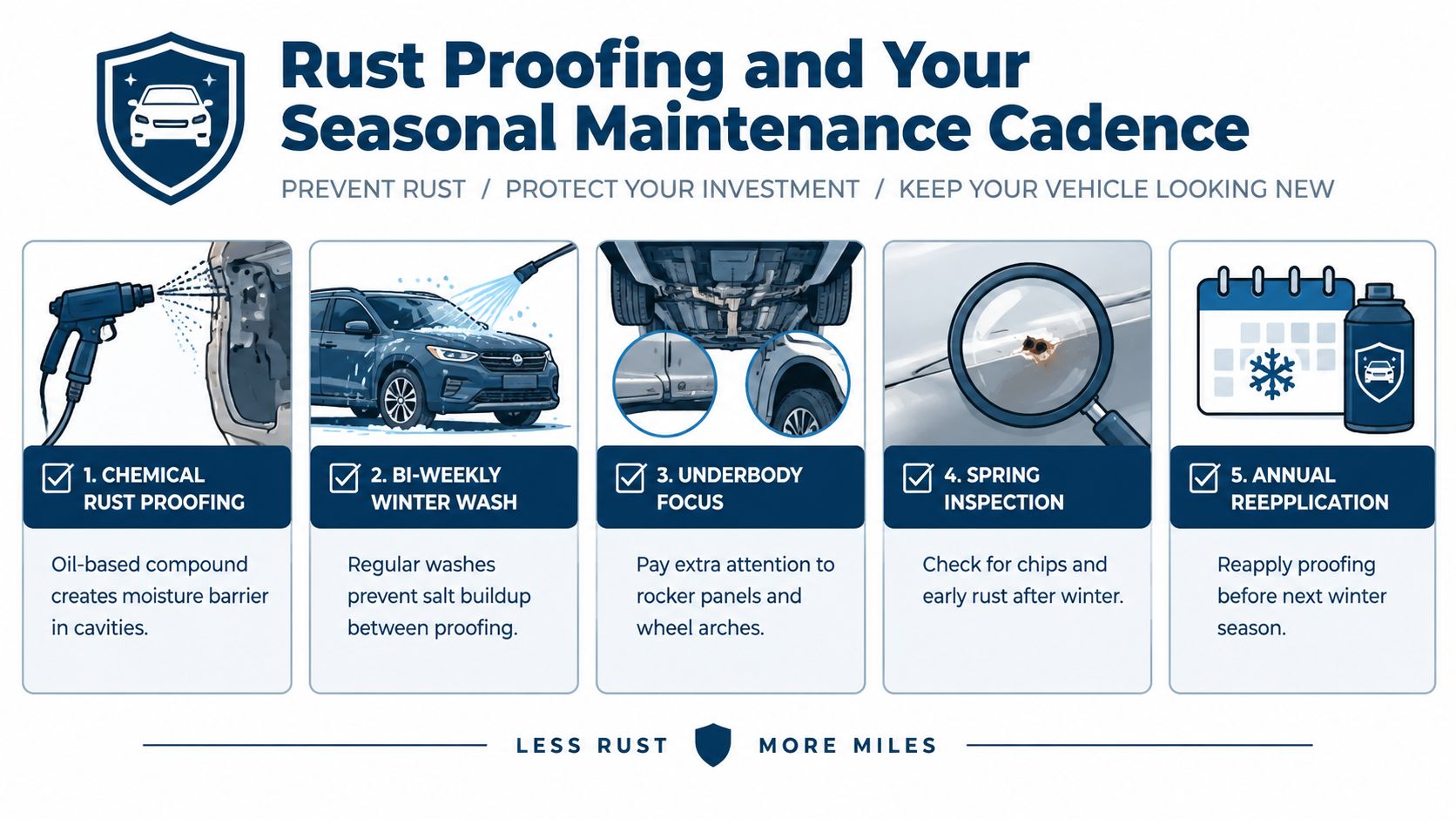 An infographic detailing five essential steps for winter car rust proofing and seasonal vehicle maintenance