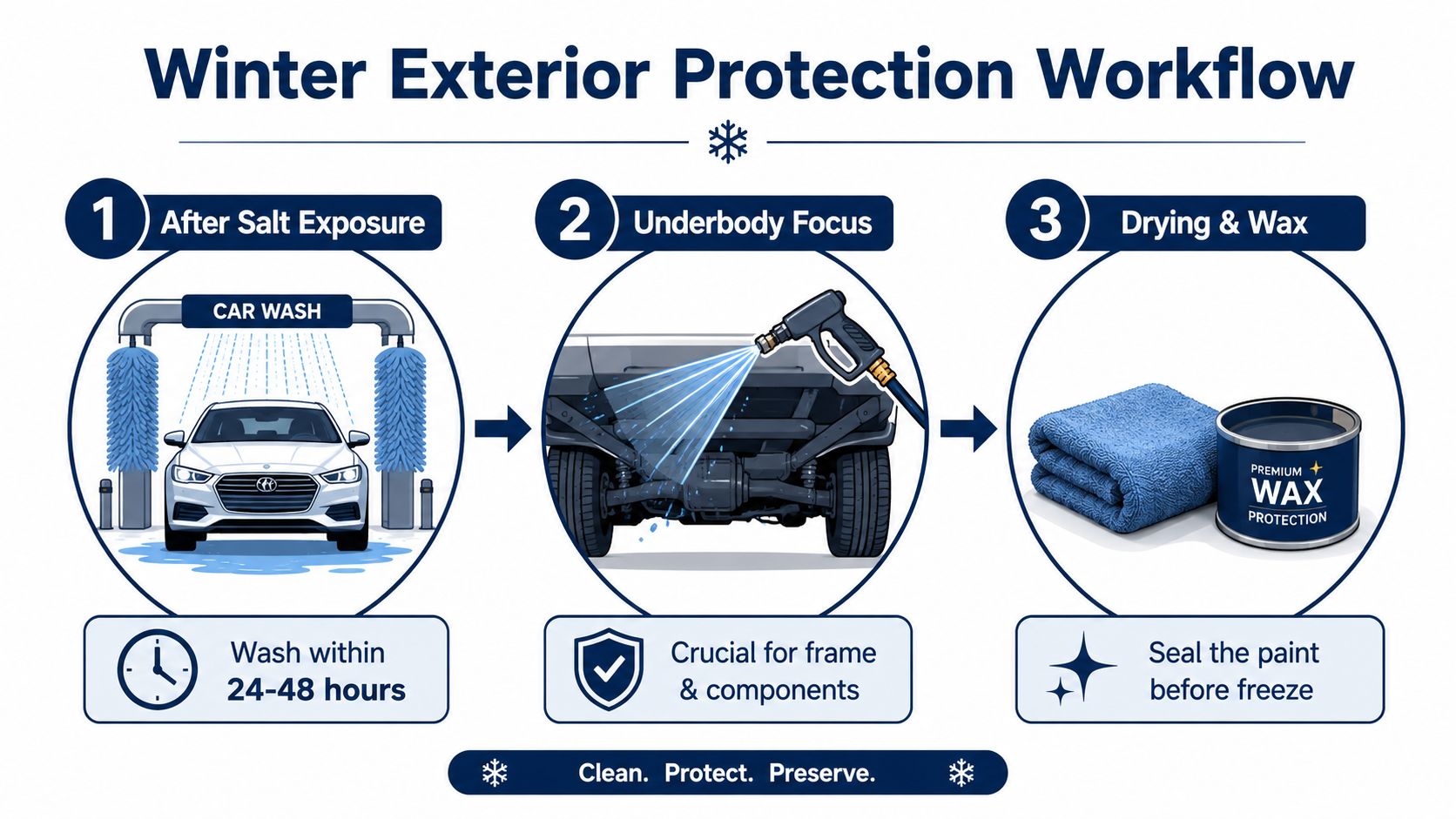 A three-step winter car protection workflow infographic showing car wash, underbody cleaning, and waxing to prevent damage.