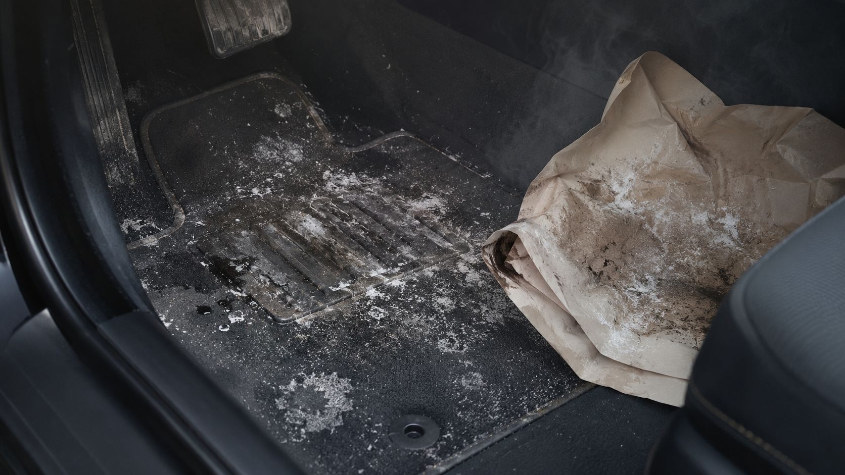 A car interior floor mat covered in salt, dirt, and residue during the winter season.