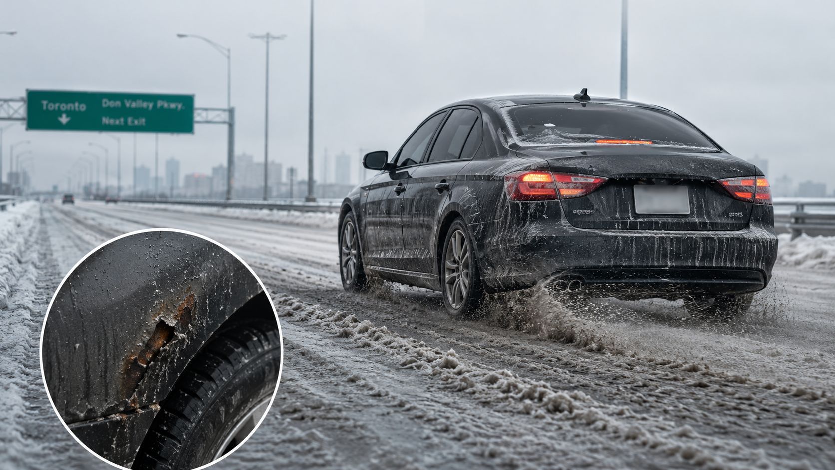 A black sedan driving on a slushy, snow-covered highway in Toronto, with an inset highlighting rust damage.