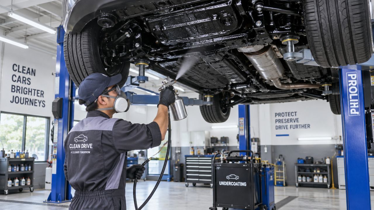 A professional technician wearing protective gear applies an undercoating spray to the underside of a lifted car.