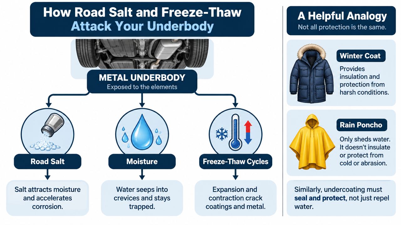 An infographic illustrating how road salt, moisture, and freeze-thaw cycles cause corrosion on a vehicle underbody.