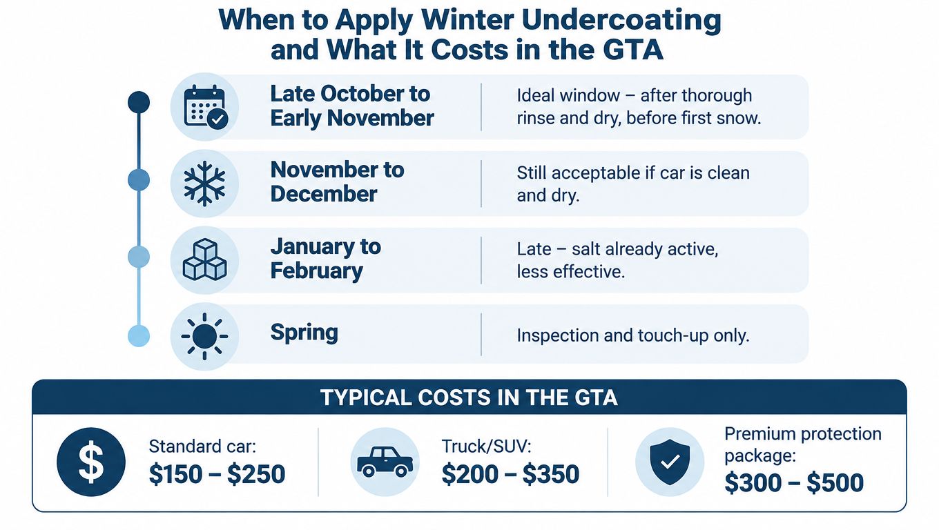 An infographic detailing the best times of year to apply winter undercoating and average service costs.