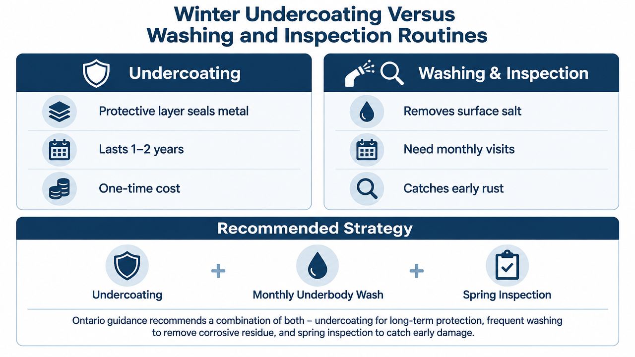 An infographic comparing winter undercoating to vehicle washing and inspection routines for long-term car maintenance and protection.