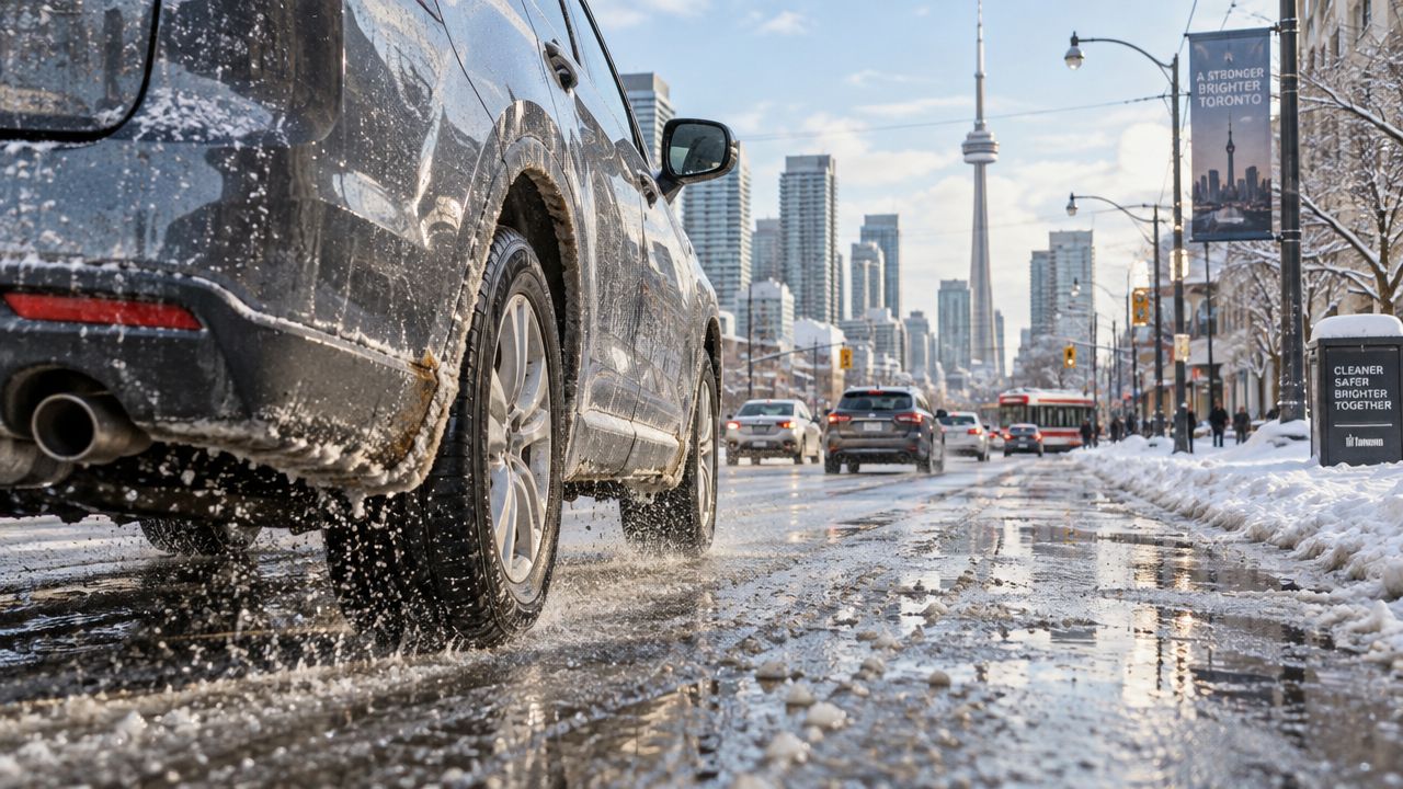 A close-up view of a vehicle driving through slushy, wet city streets in Toronto during winter.