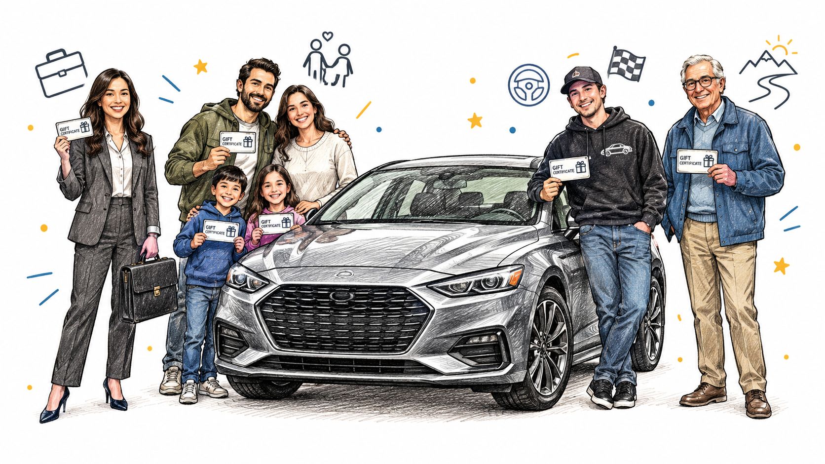 A happy group of people and a car with gift certificates in a sketch art style illustration.