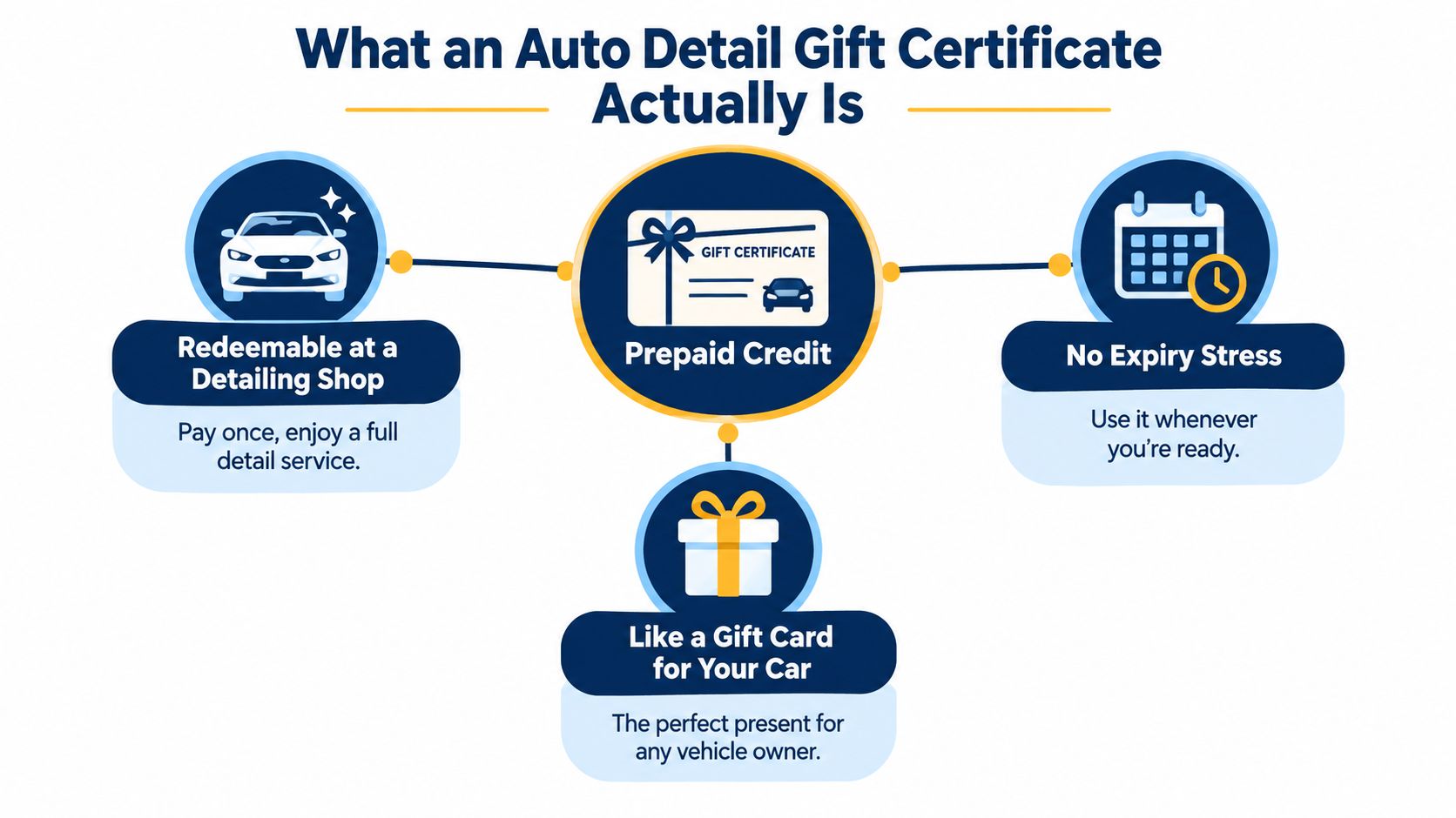 An infographic explaining that an auto detail gift certificate is a convenient, prepaid credit for car cleaning services.