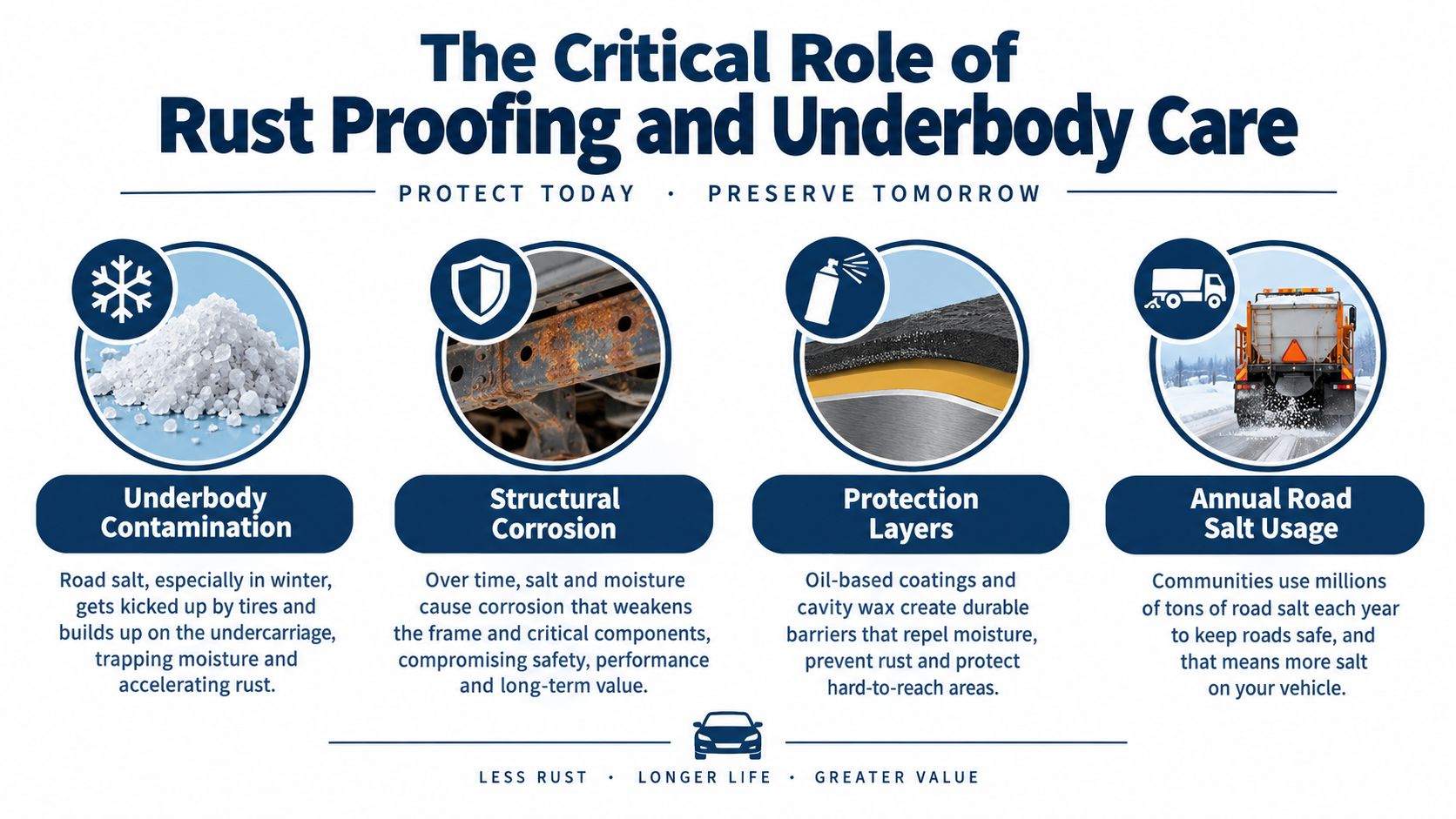 An infographic detailing the importance of rust proofing and underbody care for vehicle maintenance and preservation.