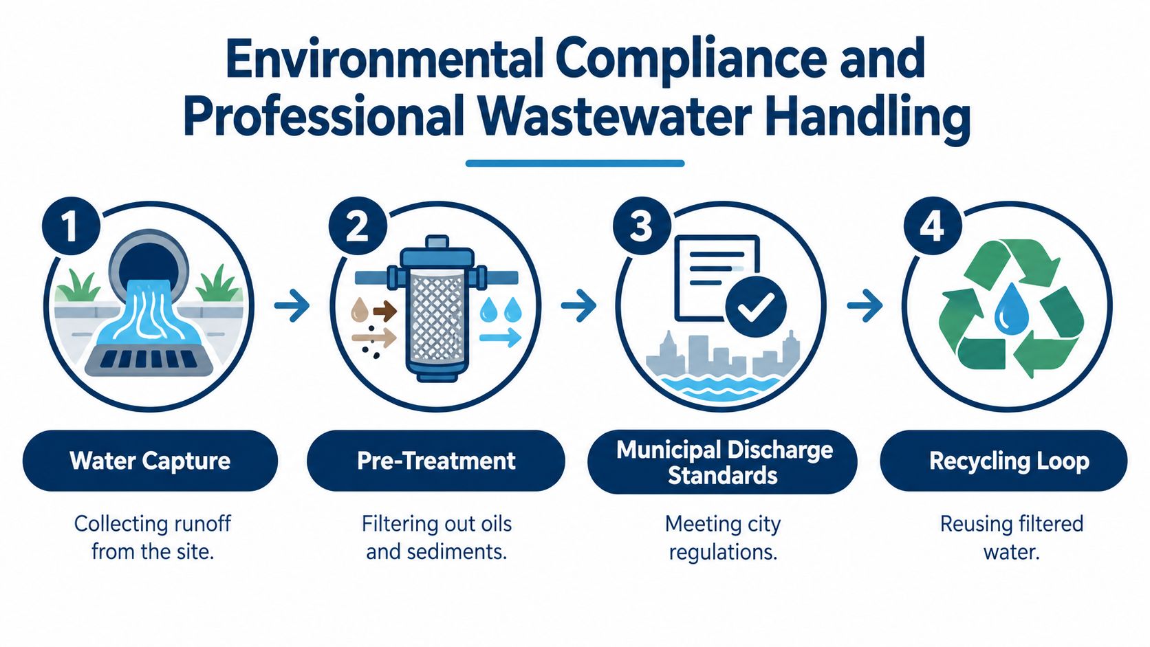 A four-step infographic illustrating the professional wastewater handling process for environmental compliance and water recycling.