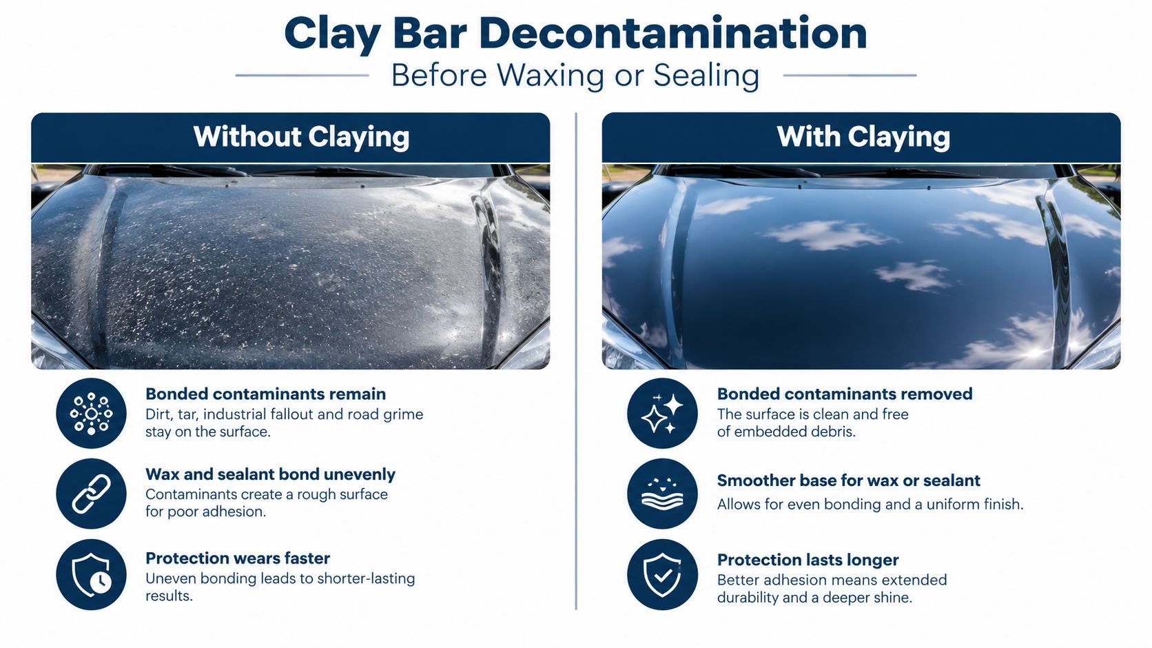 A comparison showing the difference in car paint condition before and after using a clay bar.